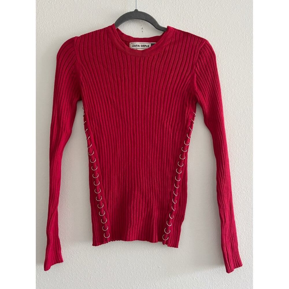 Zara Srpls Red Ribbed Chain Side Long Sleeve Sweater Small